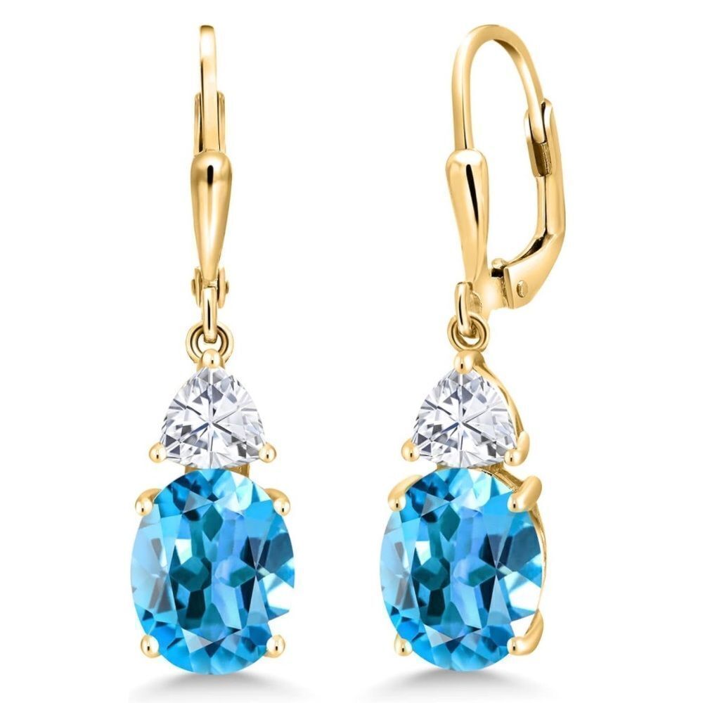 18K Yellow Gold with 7.34 Cttw Swiss Blue Topaz and Moissanite Drop Earrings